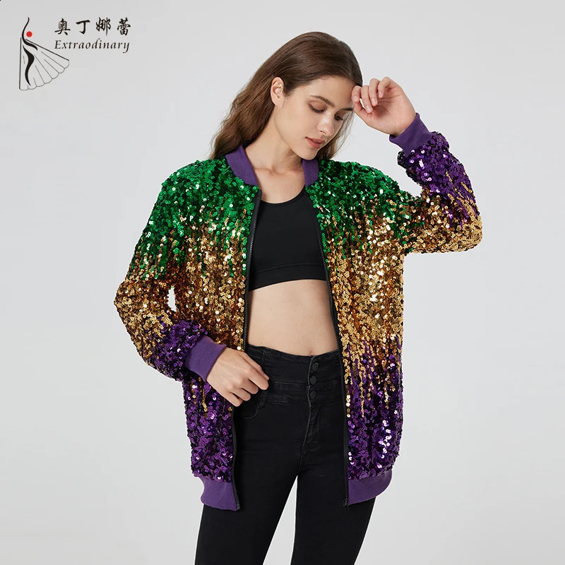 Fashionable womens sequin multicolor winter jacket with zipper collar and cuffs 250228