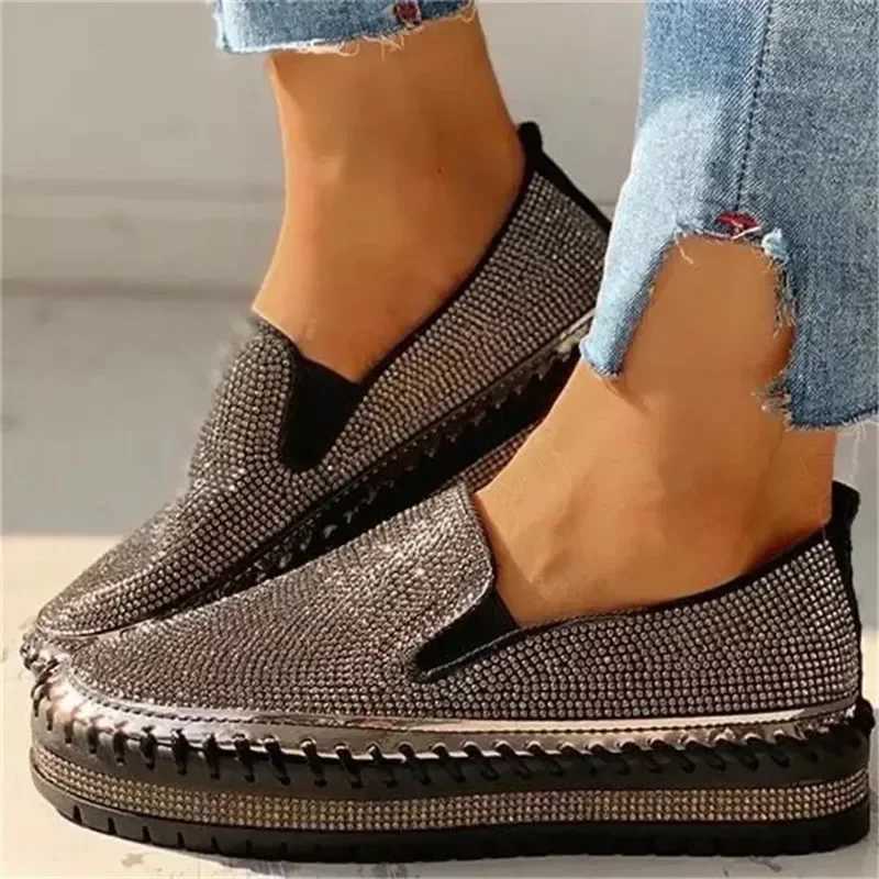 Ladies Flat Sequined Sneakers Casual Womens Mesh Lace-up Fine Diamond Sequins Thick-soled Comfortable Vulcanized Shoes M250303