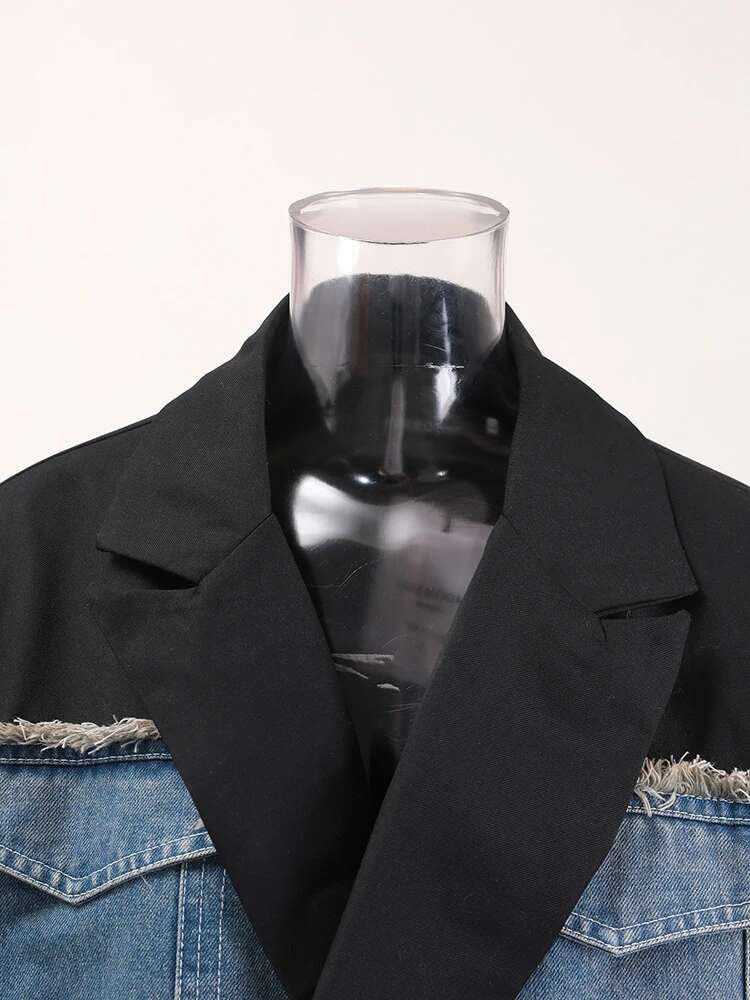 EAM Black Spliced Denim Tassel Big Size Blazer Women New Lapel Long Sleeve Loose Fit Jacket Fashion Spring Autumn 2025 30A1487