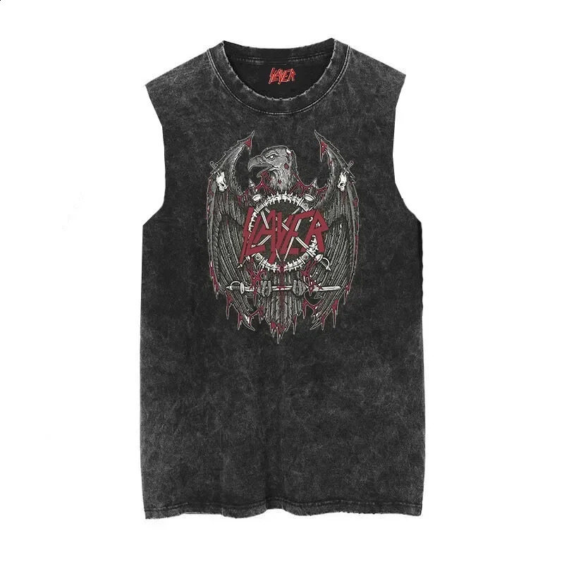 100% pure cotton slave killer band torrent metal god hate using old wash retro wax printed sleeveless T-shirt vest 250226