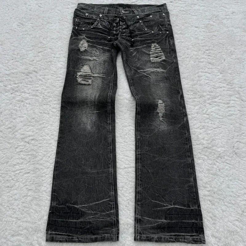 Men's Jeans Y2K Washed Gothic Retro Micro Flared Double Waisted Black Denim Pants Men Women Streetwear High Quality Design Trousers