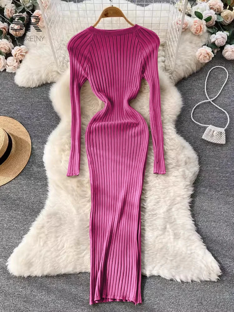 SINGREINY Winter Women Knit Maxi Dress O Neck Autumn Long Sleeve Slim Solid Harajuku Ladies Fashion Pencil Sweater Dresses 250228