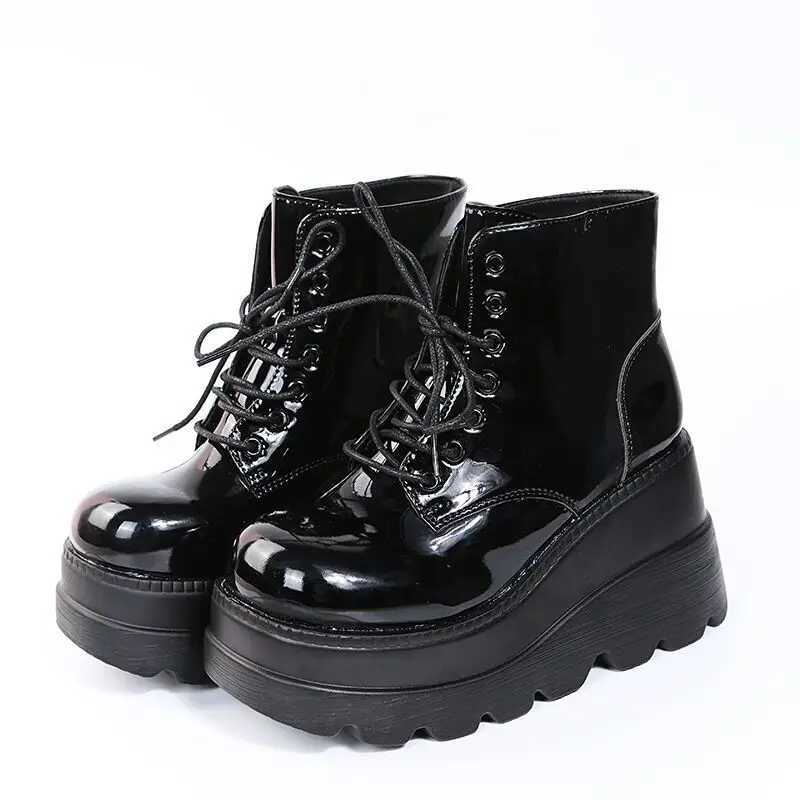Womens boots high thick sole winter sloping heel lace ankle boots womens shoes glossy black glossy black Z250303