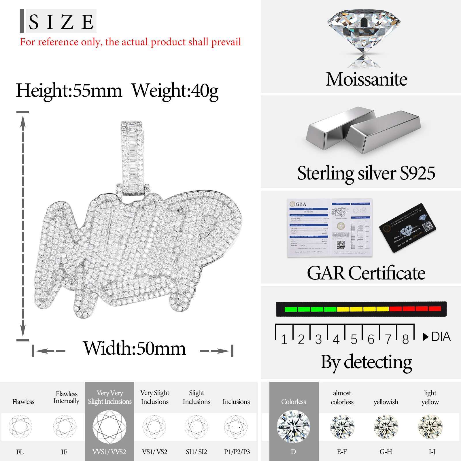 High Quality Custom Styles Letter Sier Moissanite Iced Out Pendant For Men Hip Hop Jewelry Gifts
