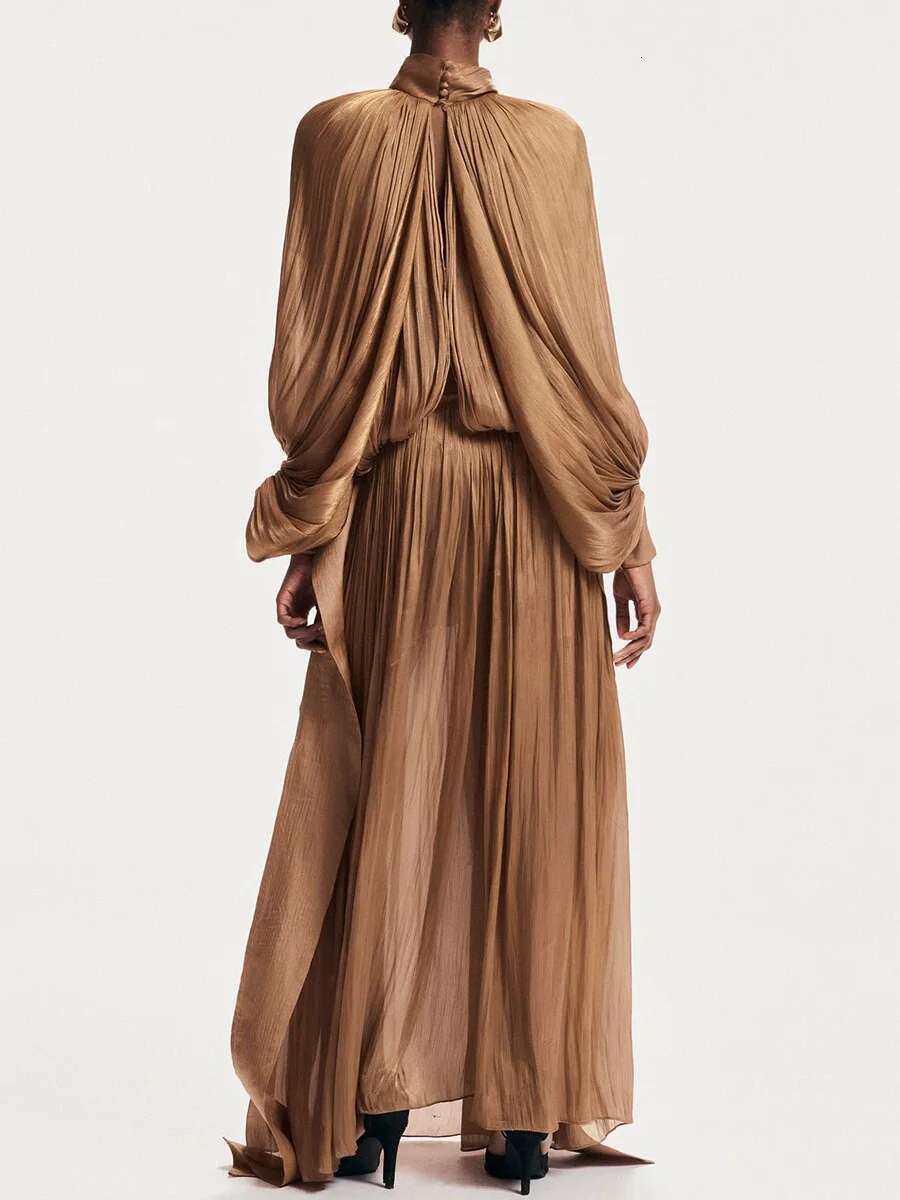 VGH Minimalist Spliced Folds Maxi Dresses For Women Scarf Collar Lantern Sleeve Loose Waist Casual Temperament Dress Female New