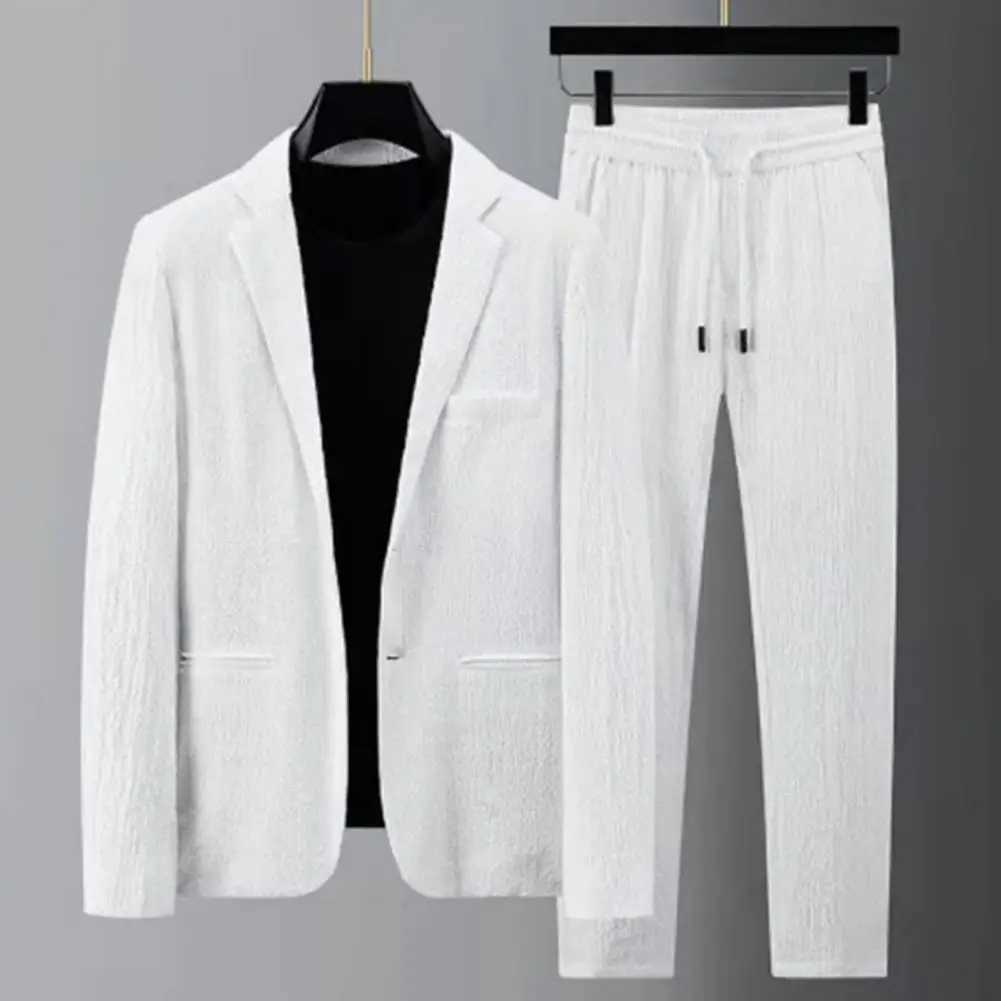 Mens Two-piece Suit Striped Pleated Men Blazer Pants Set Pleated Drawstring Loose Lapel Pockets Thin Formal Business Men Set M250303