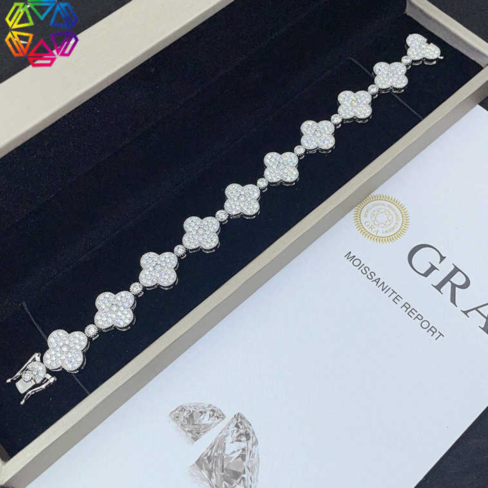 Charm Bracelets New clover bracelet 925 silver moissanite full set 15mm mens and womens trendy accessories straight