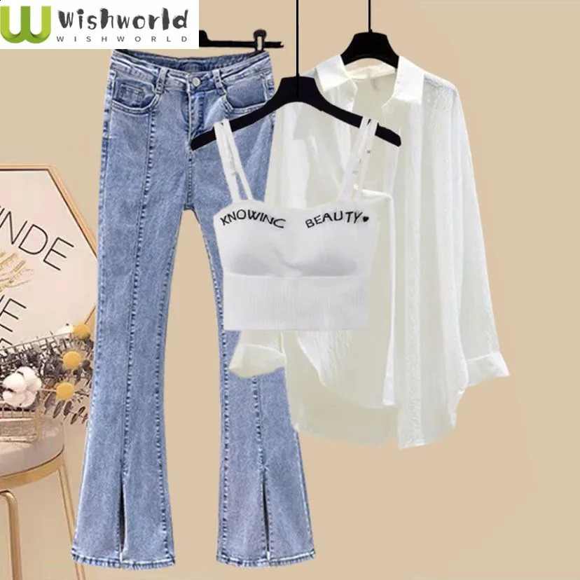 Womens Set SpringSummer 2023 Korean Fashion Slim Tank Top Casual Shirt Micro Flare Pants Three Piece 250225