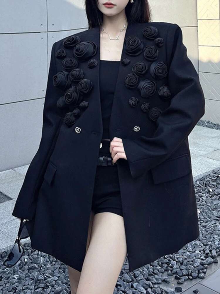 EAM Women Black Big Size 3D Roses Blazer New Lapel Long Sleeve Loose Fit Jacket Fashion Tide Spring Autumn 2025 30A3059