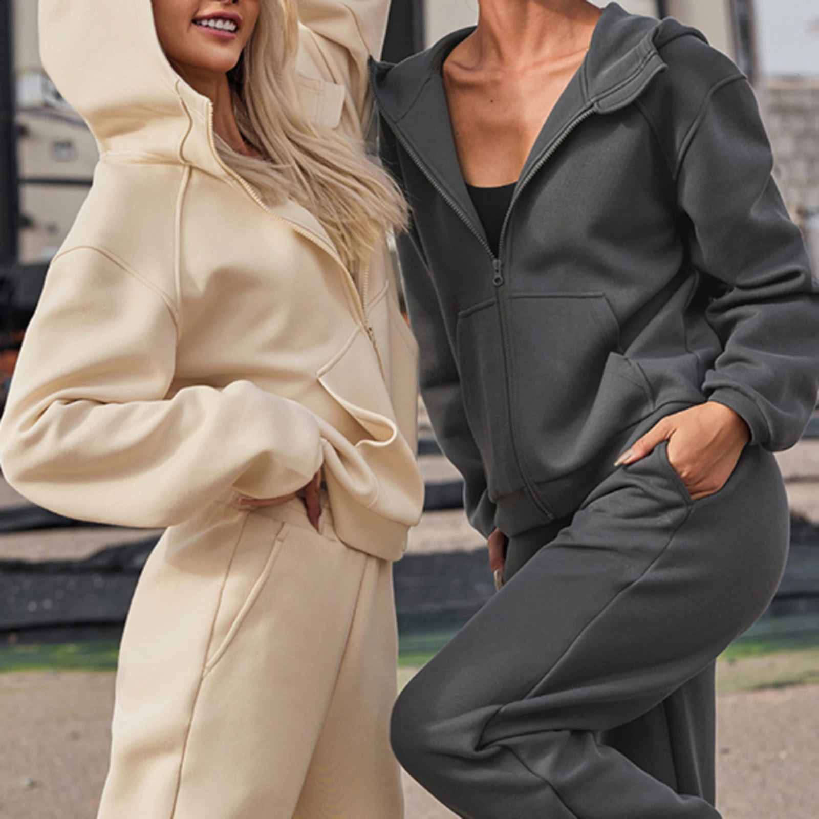 Hoodie Two Piece Set Casual Long Sleeve Top Baggy Pants Zipper Up Ladies Coat Tops Trousers Elastic Waist Tracksuit 250225