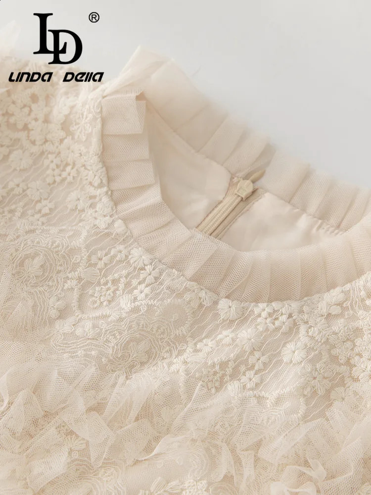 LD LINDA DELLA Summer Fashion Runway Vintage Dress Womens White Hollow Out Print Tierred Draped Slim Fit Party 250228