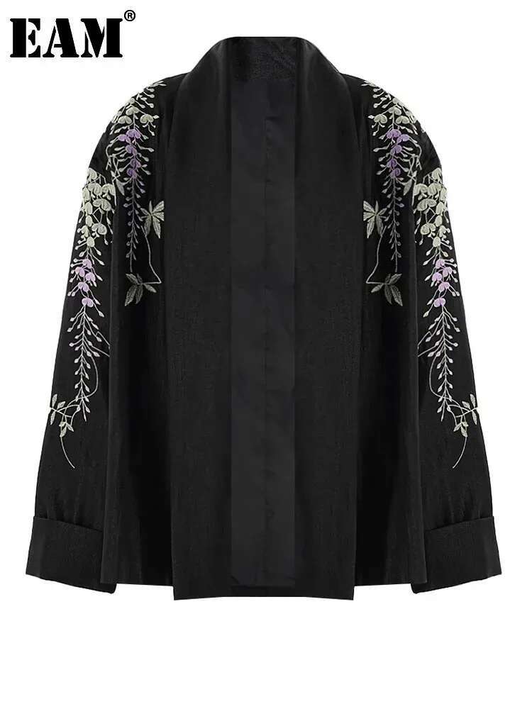 EAM Women Black Embroidery Big Size Vintage Blazer New Lapel Long Sleeve Jacket Fashion Tide Spring Autumn 2025 Cpg2297