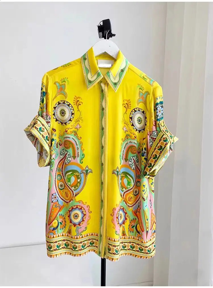 2024 Summer Fashion Womens Shirt Satin Flower Print Half Sleeve Single Breasted Blouse Wideleg Pants Twopiece 250225