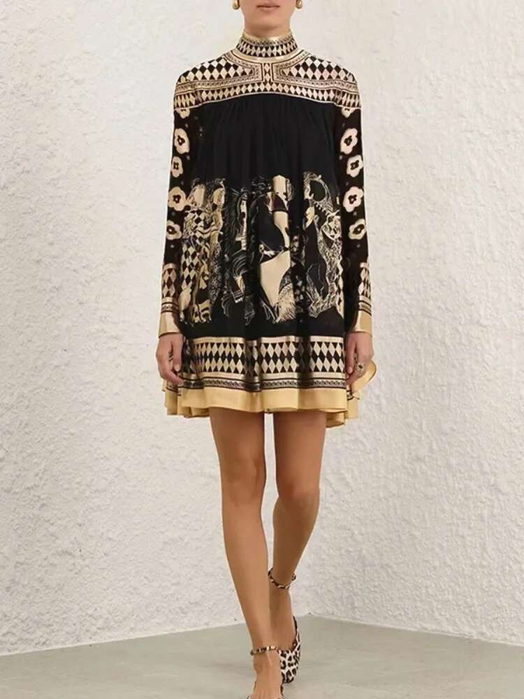 Gymystars Woman Formal A-E Evening New Printed Mock Neck Elegant Female Long Sleeves Mini Dresses