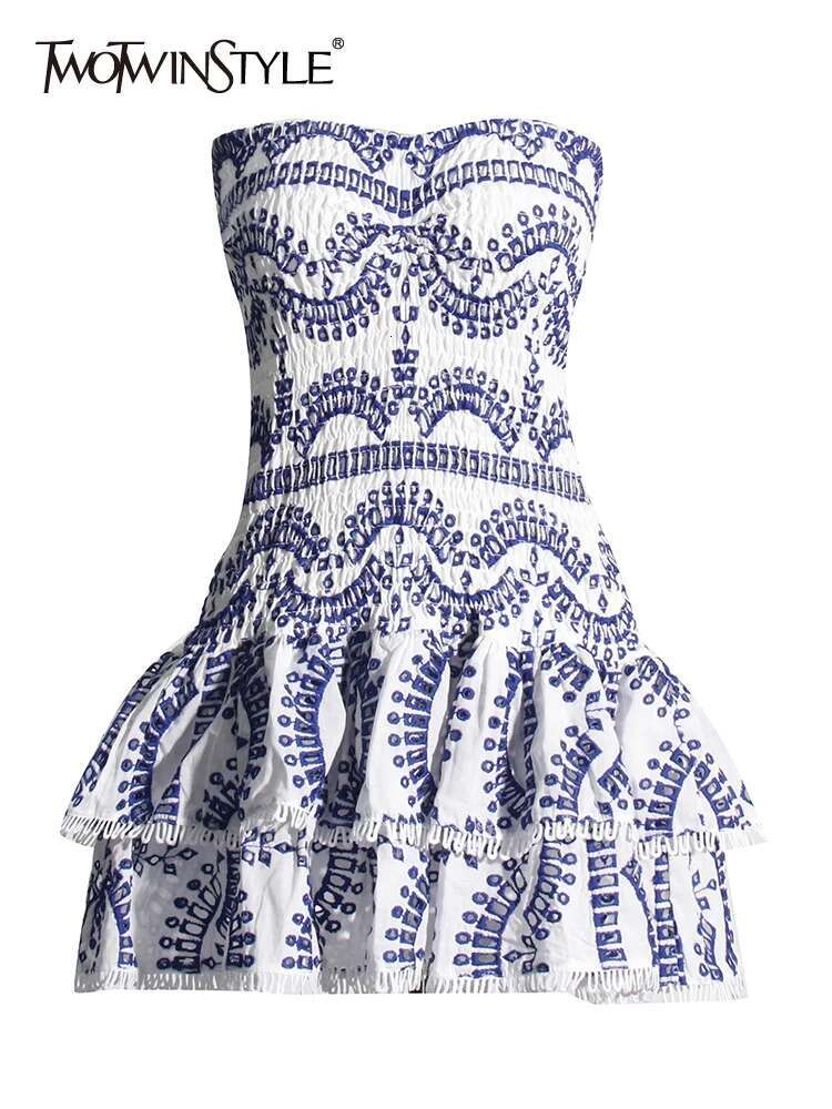 TWOTWINSTYLE Designer Mini A E Dresses Strapless Sleeveless High Waist Spliced Ruffles Hem Elegant Slimming Dress Female New