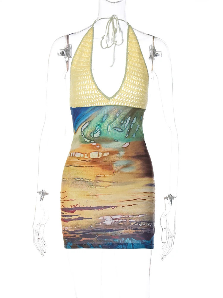 Hugcitar Spring Halter Knitted Scenery Print Backless Lace Up Sexy Mini Dress Women Fashion Clothes Beach Vacation Party 250228