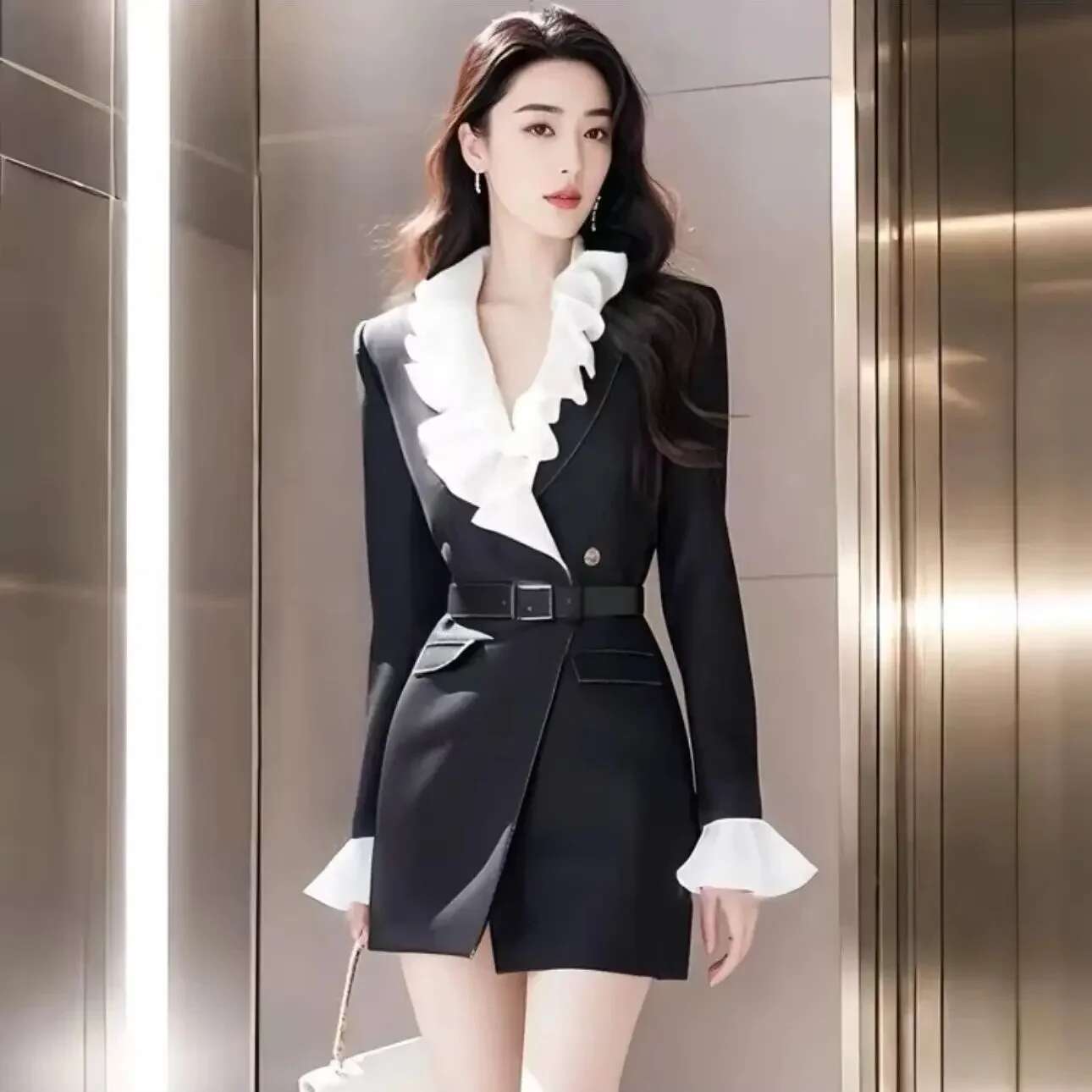 Autumn Formal Ocn High End French Style Long Sleeved Spliced Ruffle Waist Slimming Short Suit Dress For Women