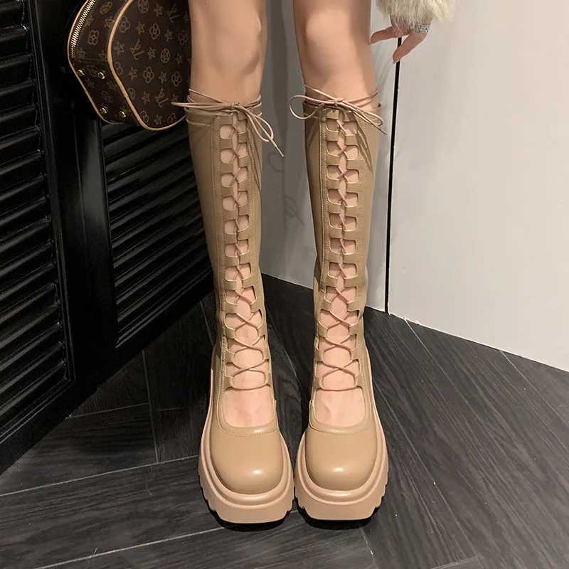 2024 New Knight Boots Womens High Barrel Boots Thick Sole Women Platform Shoes Brown Long Boots Z250303