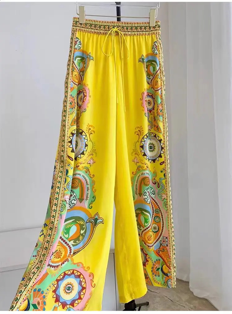 2024 Summer Fashion Womens Shirt Satin Flower Print Half Sleeve Single Breasted Blouse Wideleg Pants Twopiece 250225