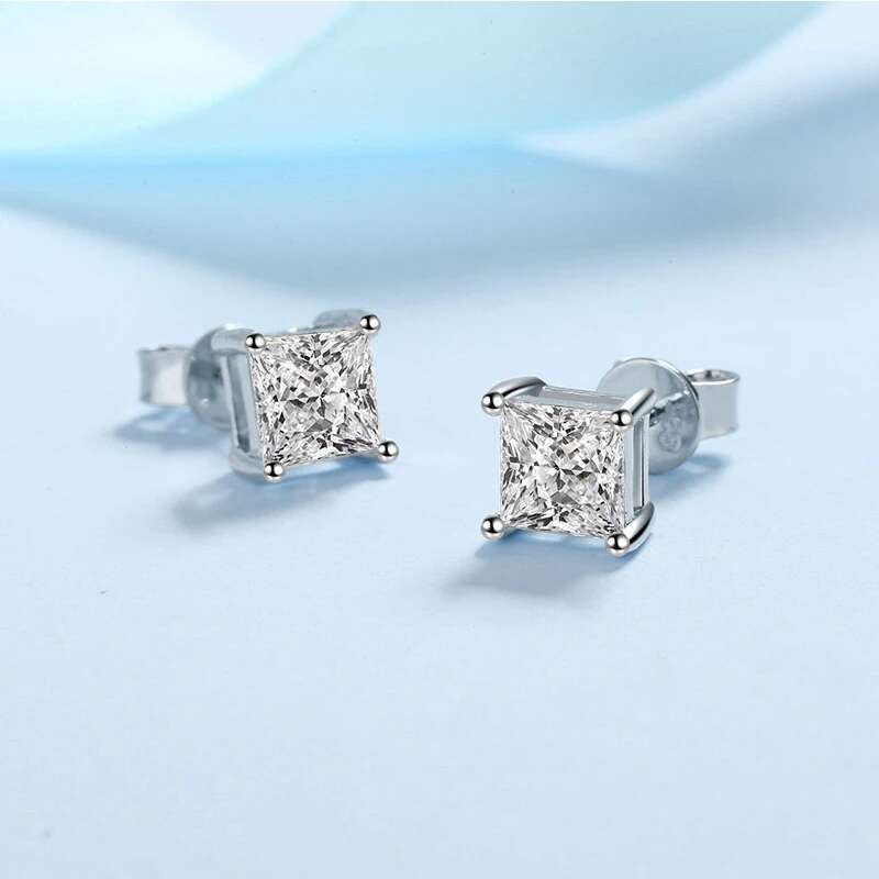 Princess Cut 2CT Dia Test Passed Rhodium Plated Sier D Color Moissanite Stud Earrings Jewelry Couple Gift