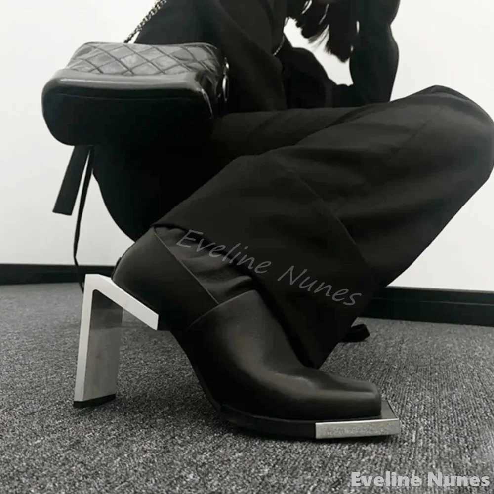 Metal Square Toe Chelsea Elastic Boots Strange Style Women Solid Genuine Leather Mid-Calf Boots 2024 winter Luxury Designer Boot Z250303