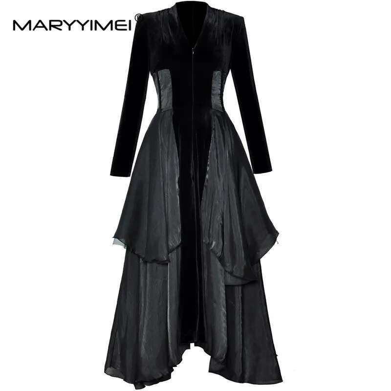 MARYYIMEI Fashion Design Women's Dress V-Neck Long-Sleeved Unced Edge High Waist Dress For Formal Ocn With Scarf