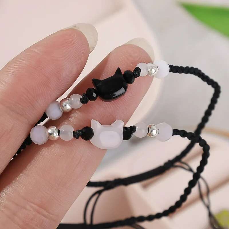 2pcs Natural Moonstone Obsidian Bracelets Couple Minimalist Handmade Cute Black White Cat Bracelet Party Jewelry Gifts