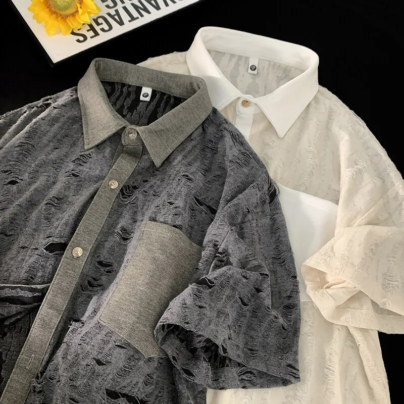 Mens Streetwear Hollow Hole Short-sleeved T-shirt Hip Hop Single-breasted Short-sleeved Shirt Summer Trendy Couple Fashion Tops 250224