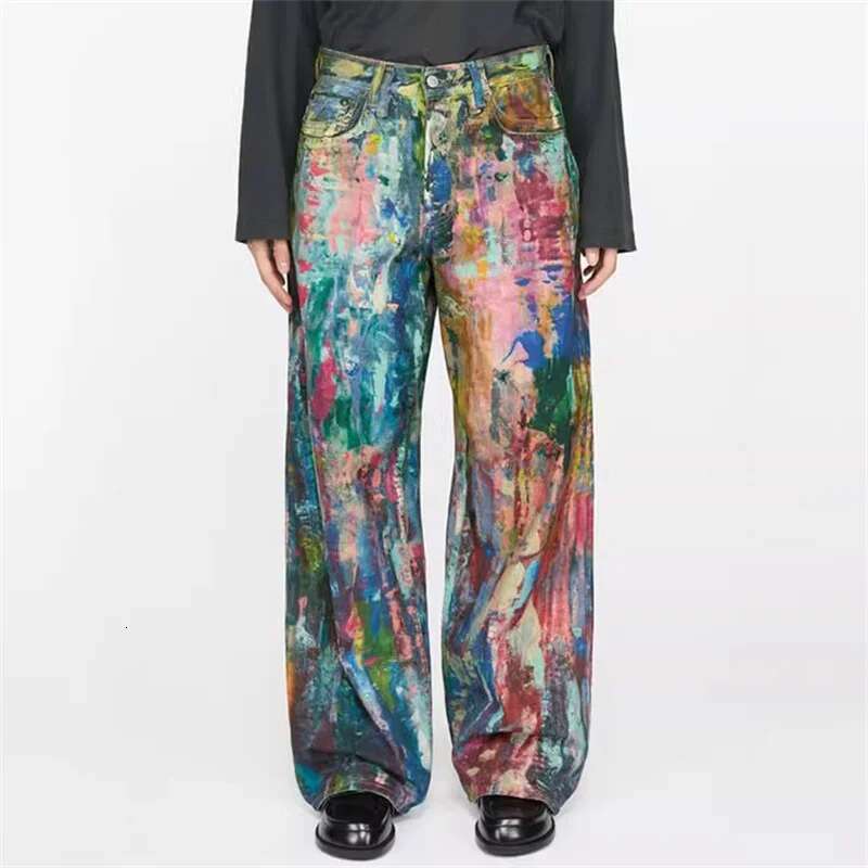 2025 Spring New In Painted Graffiti Women's Jeans Couple Style Loose Straight Y2k Cotton Wide Leg Pants