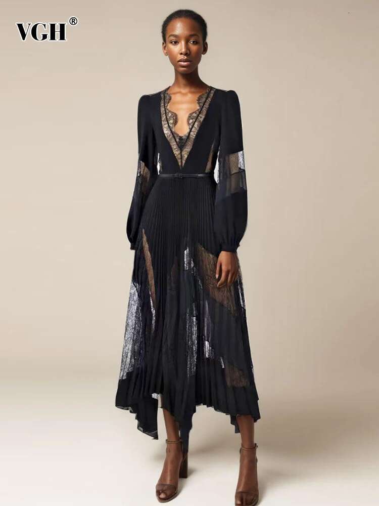 VGH Patchwork Lace Solid Sexy Slimming Dresses For Women V Neck Long Sleeve High Waist Spliced Belt Temperament Dress Female New