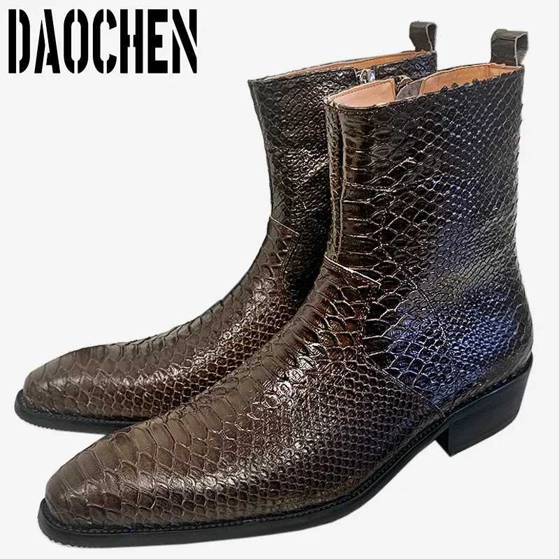 Luxury Men Mid-Calf Boots High Grade Python Print Shoes Casual Mens Dress Boots Winter Leather Chelsea Boots Shoes Men Z250303
