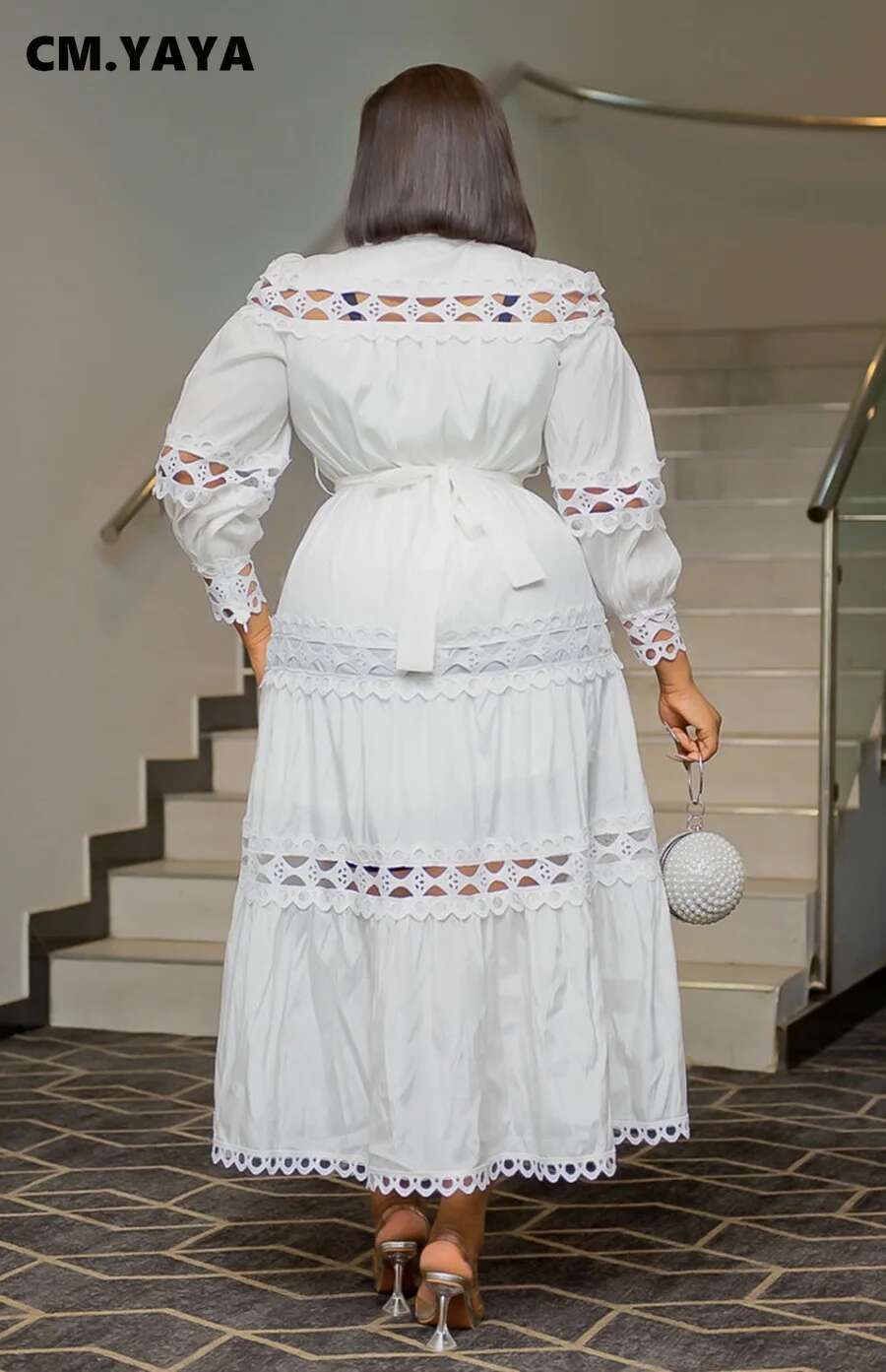 Cm.Yaya Women Lace Patchwork With Sashes Full Sleeve Maxi Long Dress Button Street Shirt Straight Spring Vintage Party Dresses