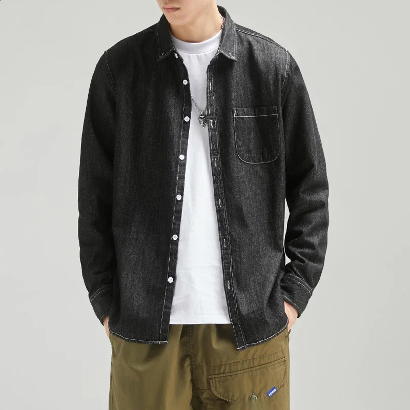 100 Cotton Mens Denim Shirt Long Sleeve Black Blue Drop Shoulder Button Pockets Cowboy Loose Casual Work Jeans Shirts 250226