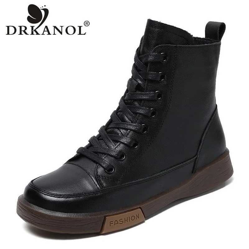 DRKANOL Women Genuine Leather Short Boots Round Toe Genuine Leather Handmade Street Style Winter Warm Flats Ankle Boots Z250303