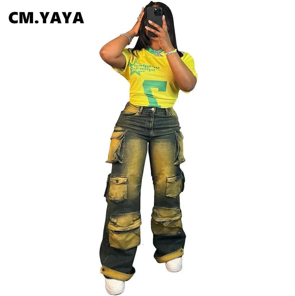 Cm.Yaya 2024 Women Fashion Multi Pocket Straight Washed Denim Pants Female Streetwear Safari Style Cargo Wide Leg Jeans