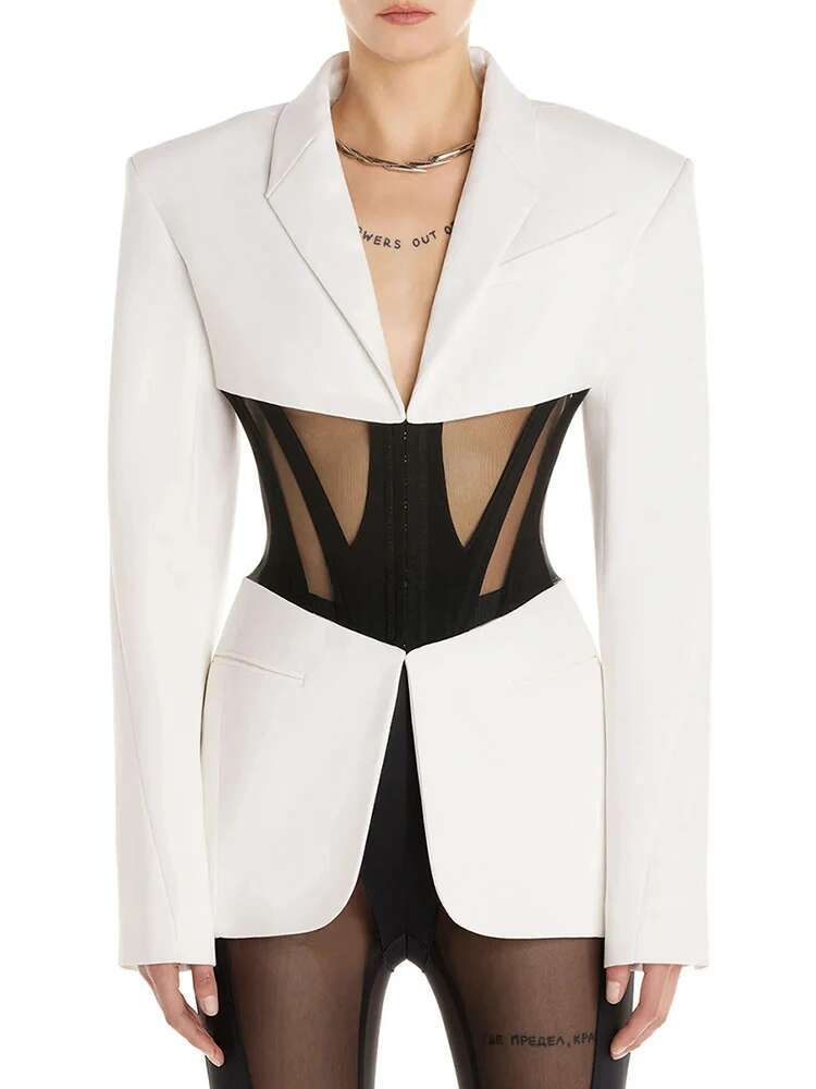 HIGH STREET Newest 2024 Designer Runway Suit Set Women's Perspective Gauze Patchwork Blazer Pencil Pants