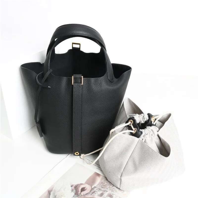 New Women's Basket Genuine Leather Underarm One-Shoulder Handbag Small Tote Inside Crossbody Bucket Bag