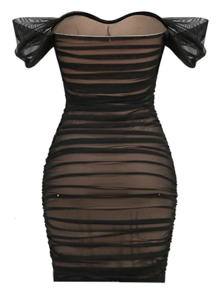 Summer Women Sexy Off Shoulder Mesh Ruched Black Elegant Prom Celebrity Bodycon Party Dress Vestido