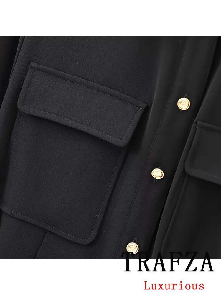 TRAFZA Vintage Women Black Solid Turn-Down Collar Single Breasted Belt Vestidos New Fashion 2024 Autumn Chic Dress