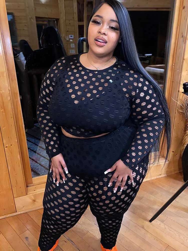 Plus Size Women 2 Piece Sets Spring Wear Round Neck Long Sleeve Crop Top And Pants Suit Hollow Out Black Mesh Sexy Outfits