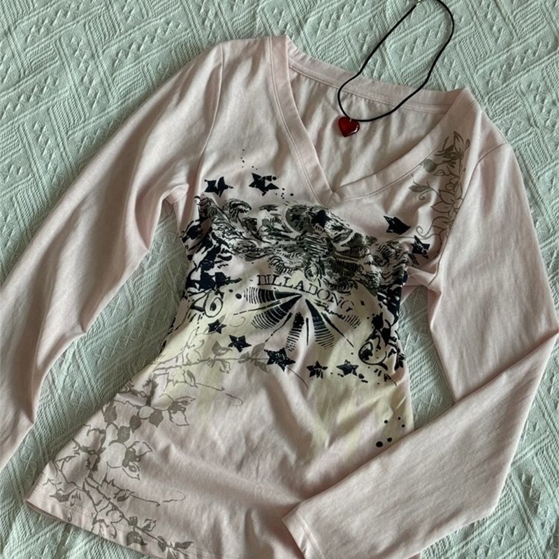Winter Long Sleeves Y2k Print Tshirt Pink Woman Kawaii Clothes 2000s Harajuku Vneck Casual Female Tee Shirts Punk Girl Top Goth 250114