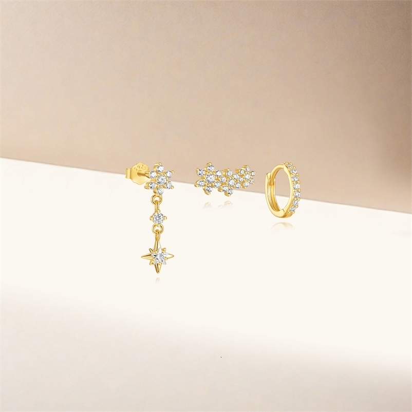 CANNER 3pc 925 Silver Exquisite Diamond Flat Thread Earrings Set For Women 18K Gold Eight Pointed Star Jewelry 250228
