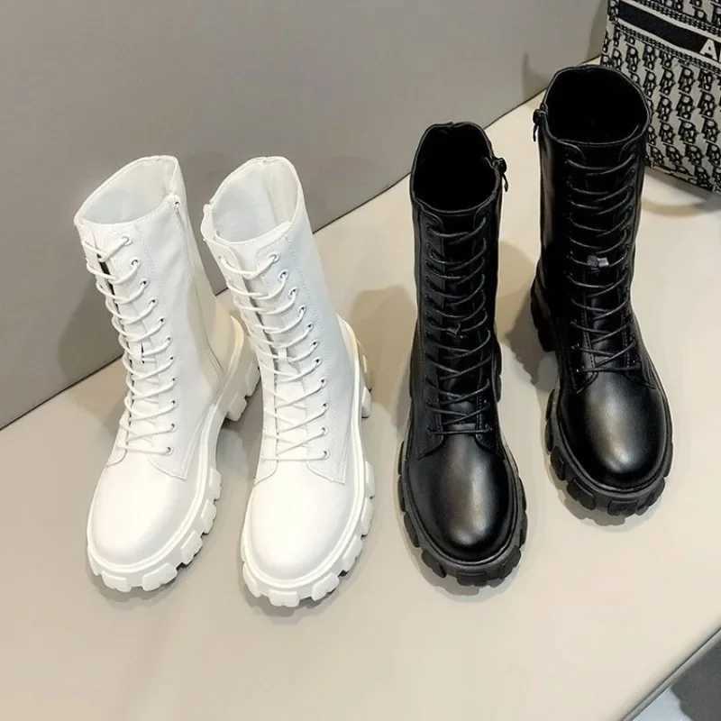 2024 thick winter knight boots womens square heel ankle boots thick motorcycle boots black and white Botas drone comfort Z250303
