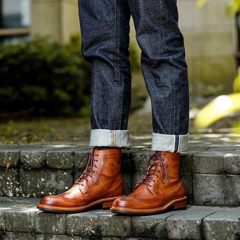 Handmade Men Chelsea Boots Winter Brogue Shoes Luxury Genuine Leather Comfortable Ankle Flat Quality Brown Lace up Male Boots Z250303
