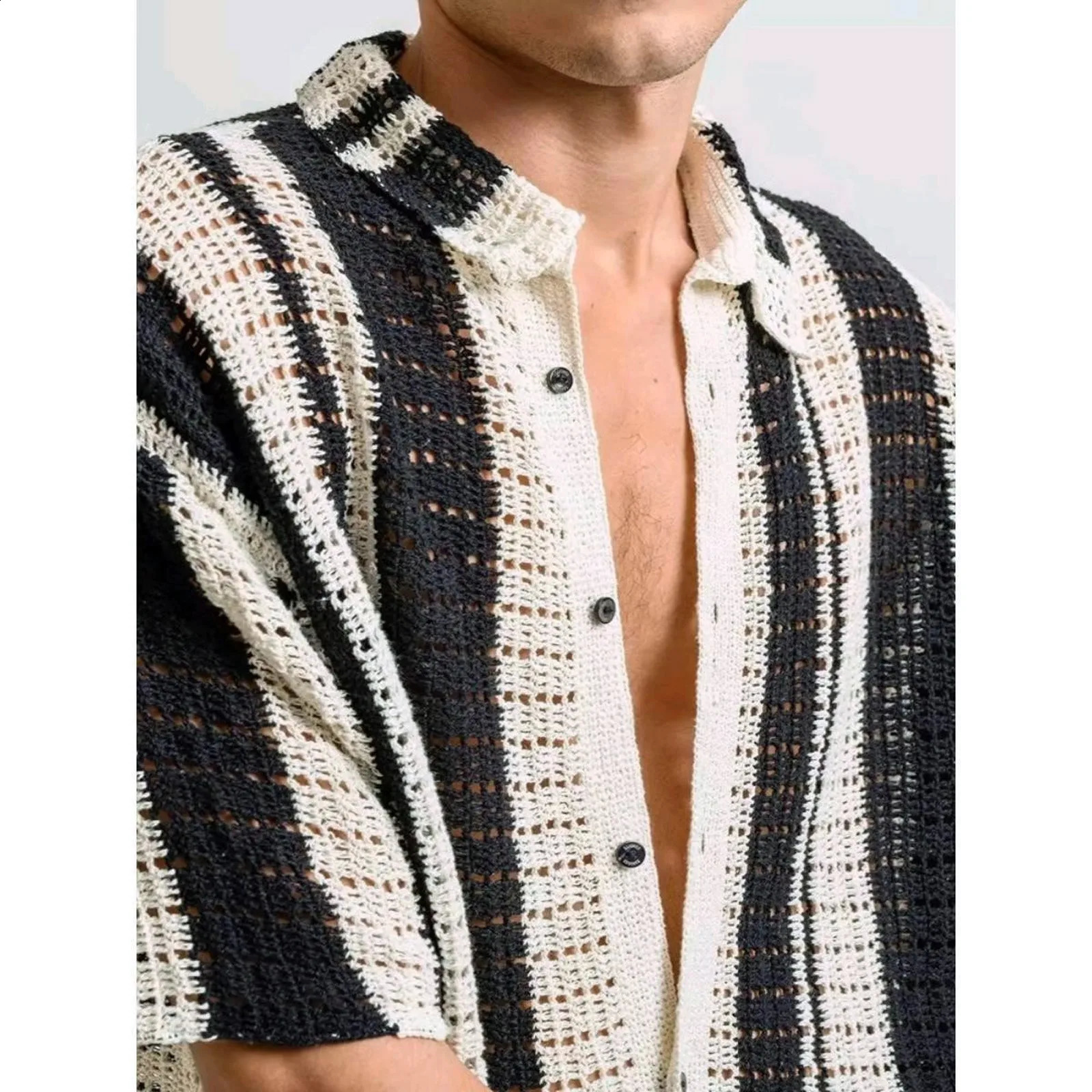 Mens Striped Handsome Shirt Hollowed Out Collar Sexy Fashionable Vacation Top Artistic Youth Clothing Mesh Long Sleeved Shirts 250224