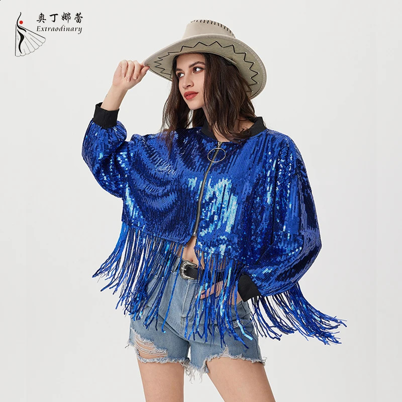 Womens sequined tassel jacket outerwear long sleeved sparkling frontal party bomber 250228