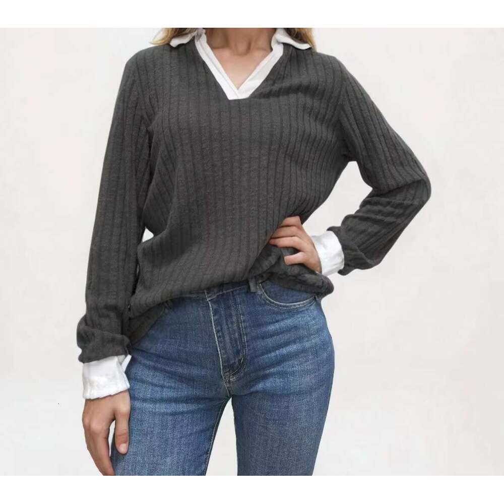 2024 Vintage European American Women's Top New V-Neck Contrast Winter Casual Sweatshirt