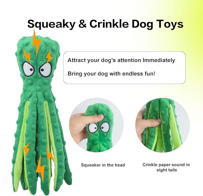 Dog Squeaky Toys Octopus No Stuffing Crinkle Plush Toys for Puppy Teething, Durable Interactive Chew Toys for Small, Medium and Large Dog Reduce Bored