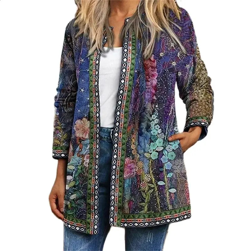 Retro ethnic style printed side pocket jacket for womens autumn Oneck long sleeved comfortable and casual cardigan 250228