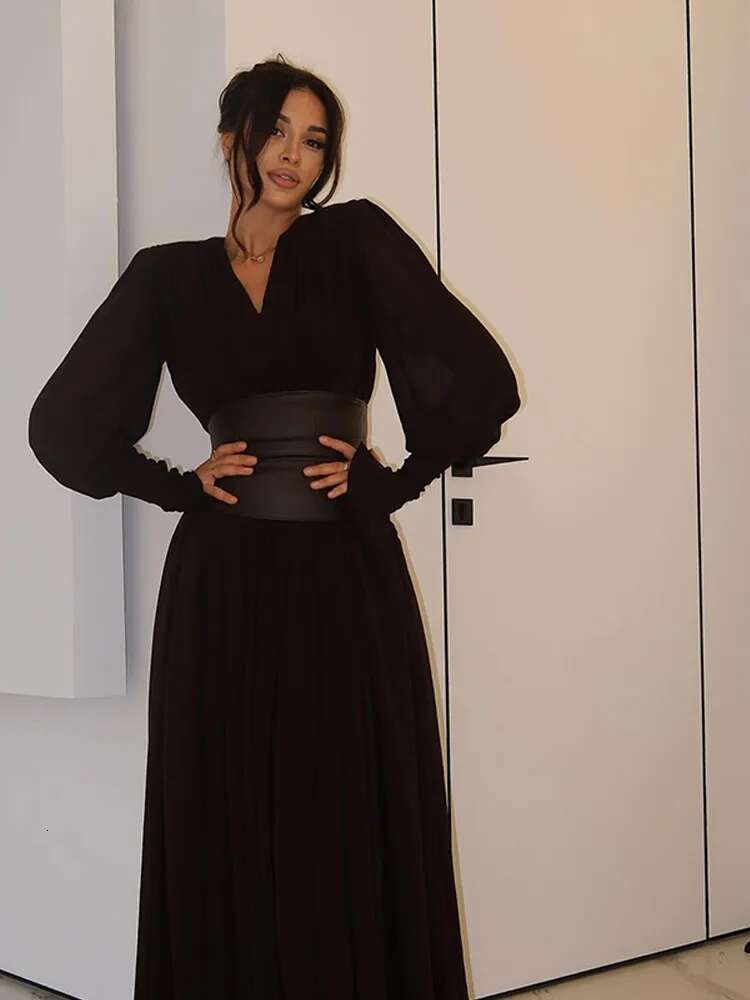 Elegant Retro Solid Color Fashion V Neck Split Dresses Autumn New Women's Party Long Sleeved A-E Dress